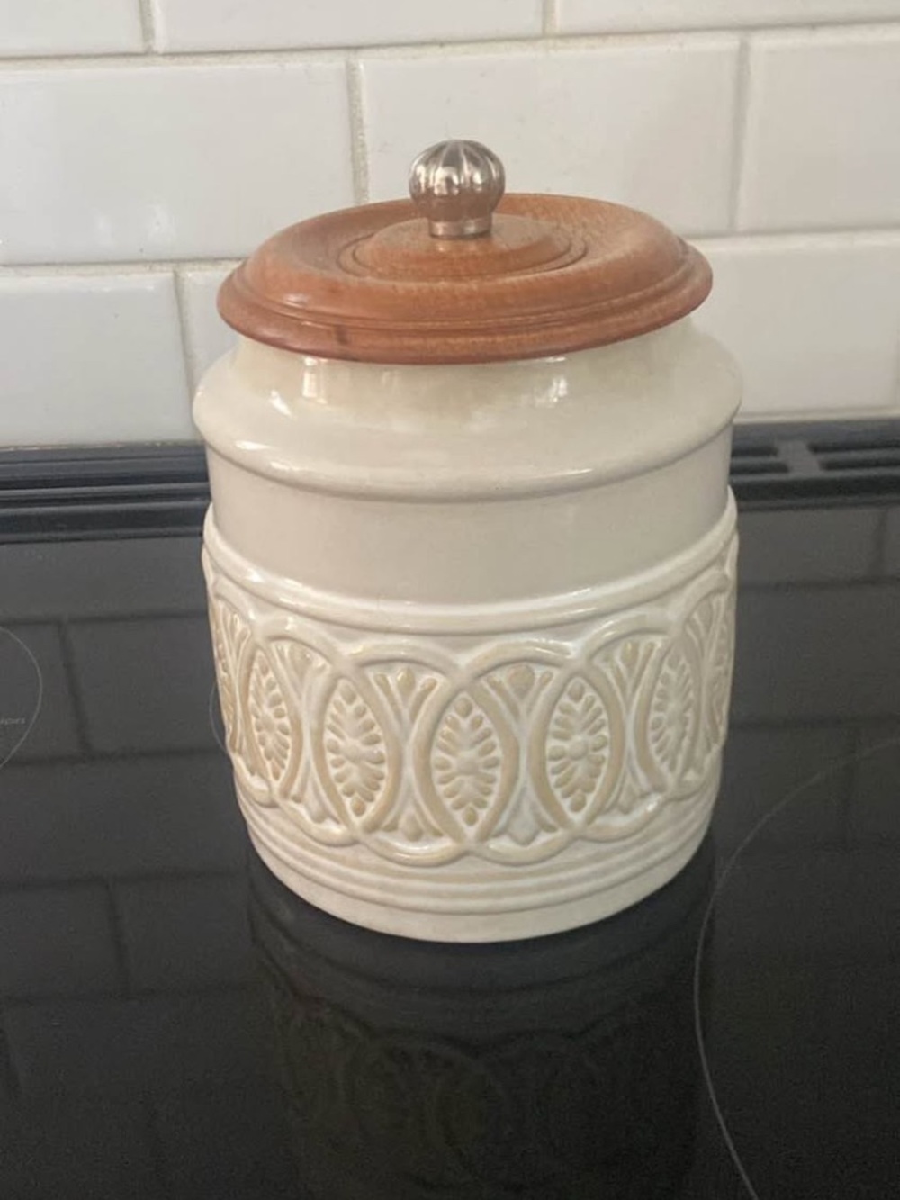 Pier 1 Ceramic Canister with Wood Lid